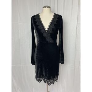 4 Sienna Black Velvet Lace Trim Long Sleeve V Neck Dress Size XS Whimsygoth